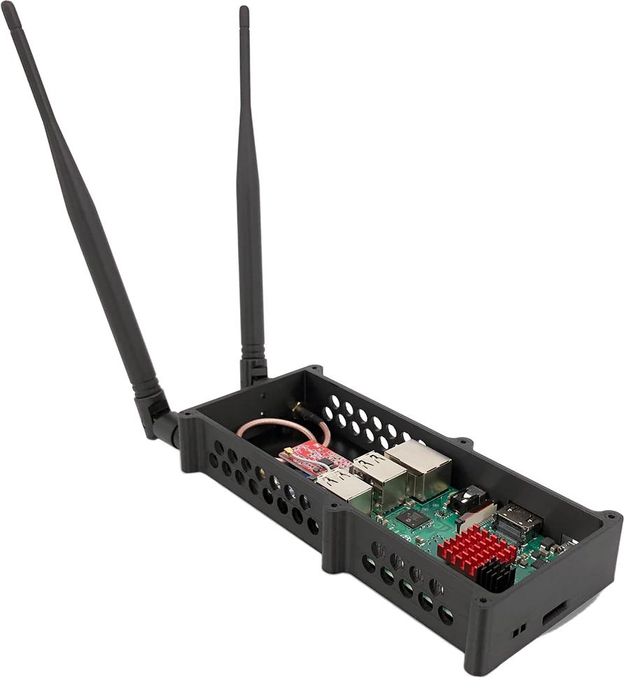 3D-printed ESD-safe electronics enclosure printed in 3DXTech ESD-Flex TPU housing a circuit board and antennas