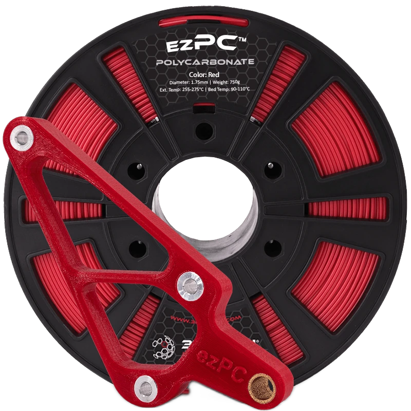 3DXTech ezPC filament spool in True Red, 1.75 mm 750 g reel, with a red 3D-printed engineering bracket