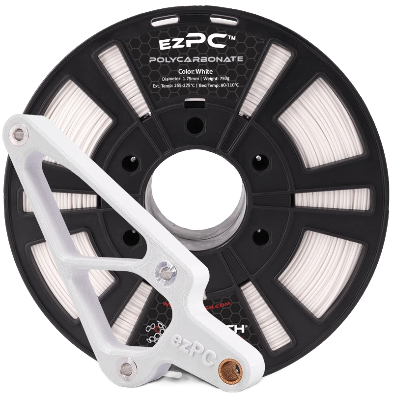 A white 3D-printed polycarbonate engineering bracket printed in 3DXTech ezPC, in front of a white ezPC reel