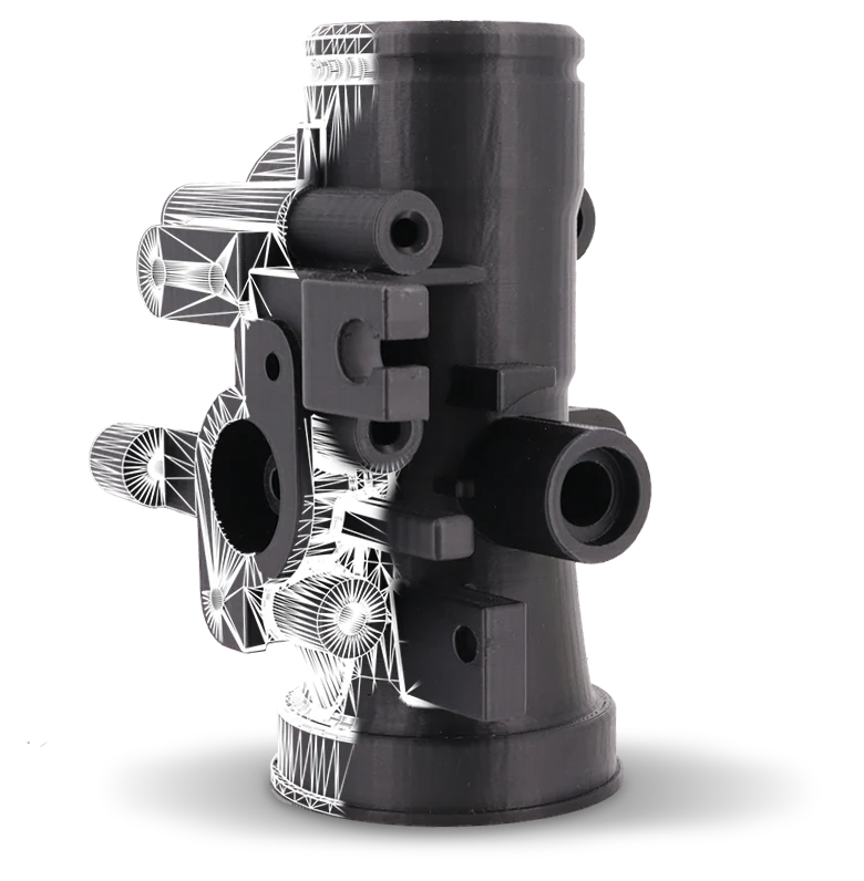 Fluid manifold 3D-printed in CarbonX Nylon 12+CF, half CAD wireframe, half finished black part