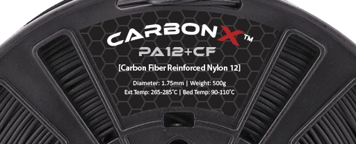 Close-up of the CarbonX PA12+CF reel label showing diameter 1.75 mm and print temperatures