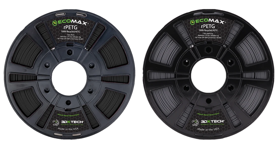 The 3DXTech ECOMAX R-PETG color range — black and dark grey