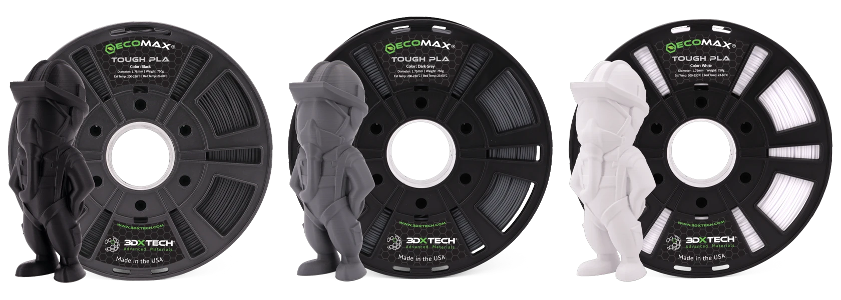 The 3DXTech ECOMAX Tough PLA color range — black, dark grey, and white