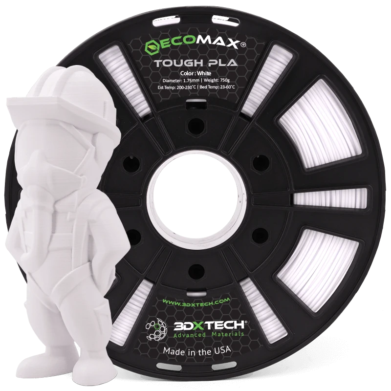 3DXTech ECOMAX Tough PLA filament spool in white with a 3D-printed sample part