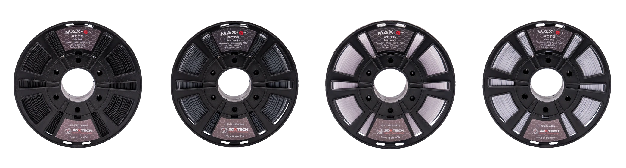 The 3DXTech MAX-G PCTG color range — black, dark grey, natural, and white
