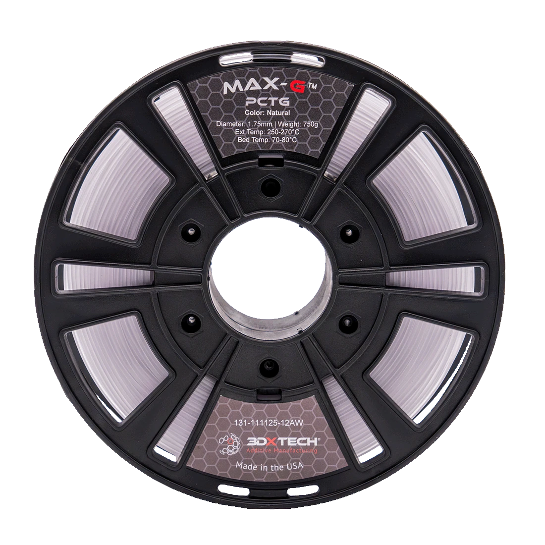3DXTech MAX-G PCTG filament spool in natural, showing its clarity