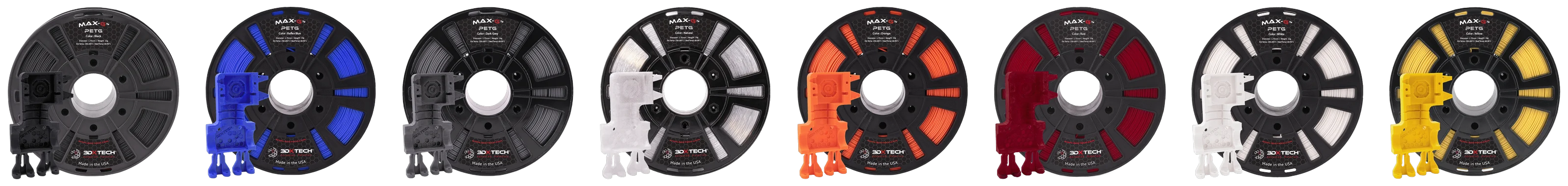 The 3DXTech MAX-G PETG color range — eight filament colors