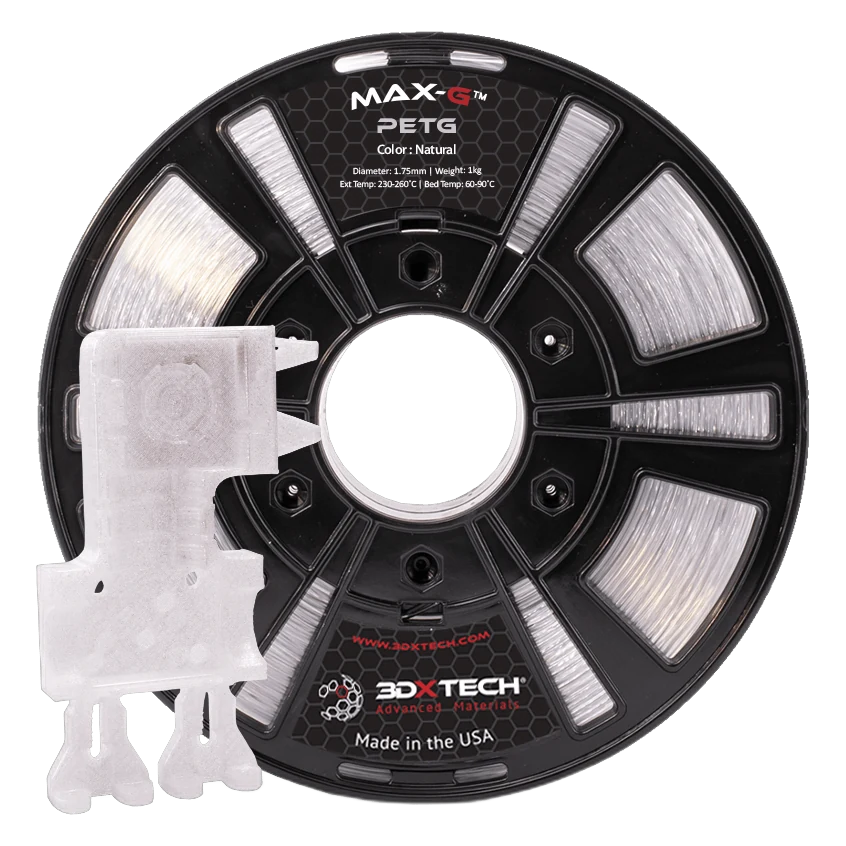 3DXTech MAX-G PETG filament spool in natural, with a printed sample part