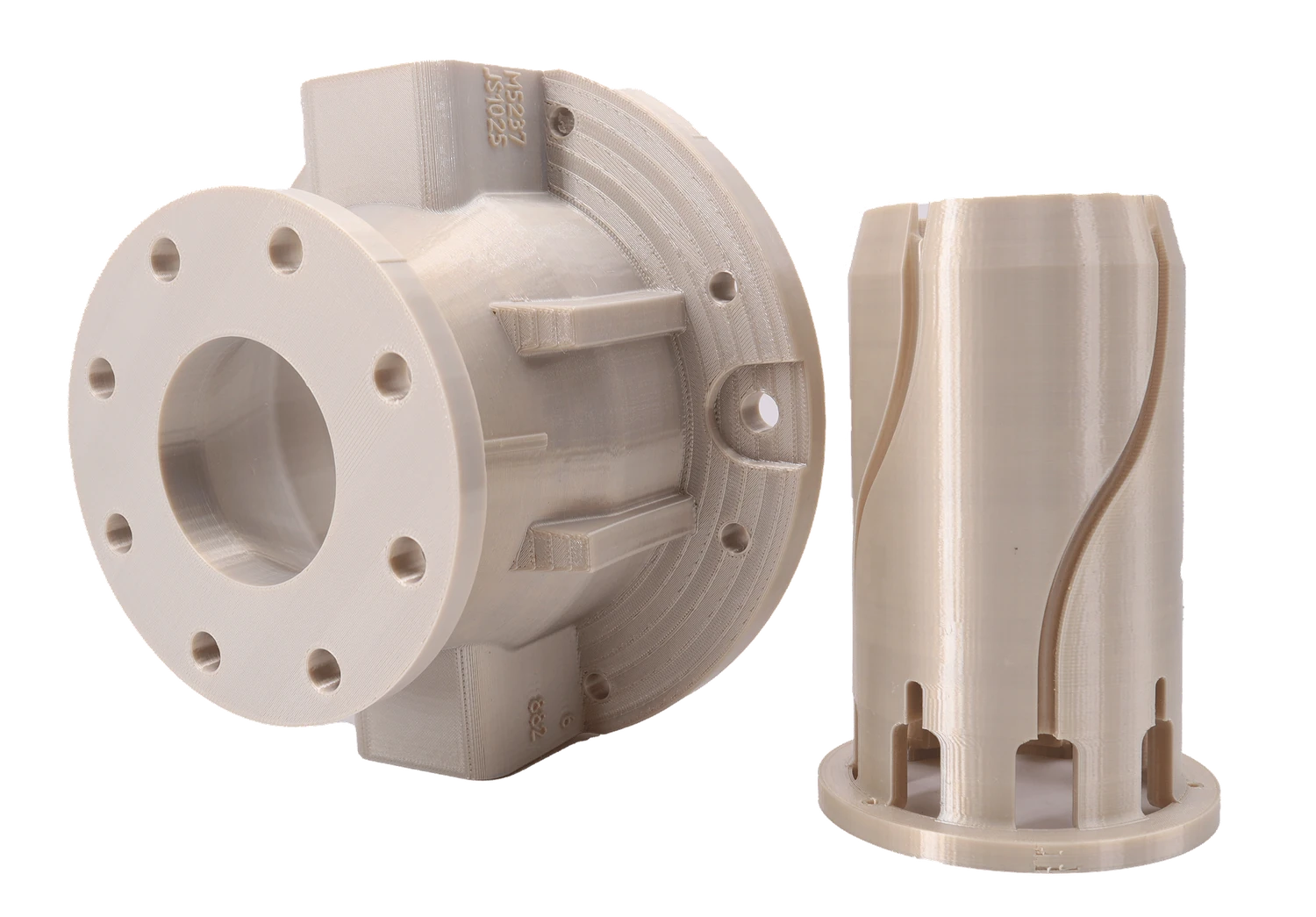Functional flanged housing and impeller 3D-printed in 3DXTech ThermaX PEI 9085 ULTEM 9085, natural