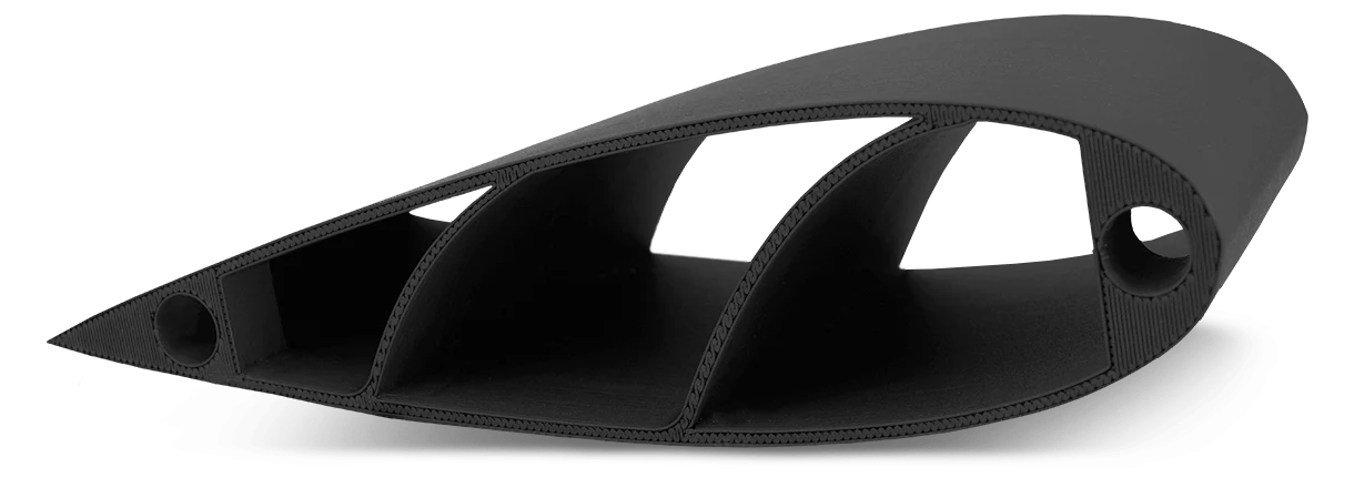 A hydrofoil wing fuselage 3D-printed in 3DXTech CarbonX ASA+CF, matte black with internal support vanes