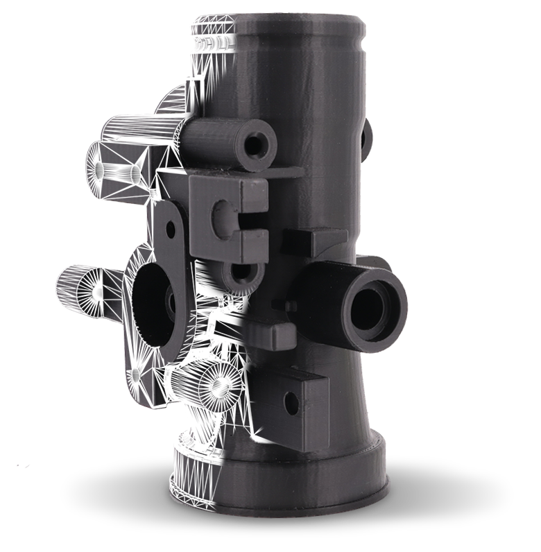 CarbonX ezPC+CF intake part — CAD wireframe transitioning to a finished black printed component