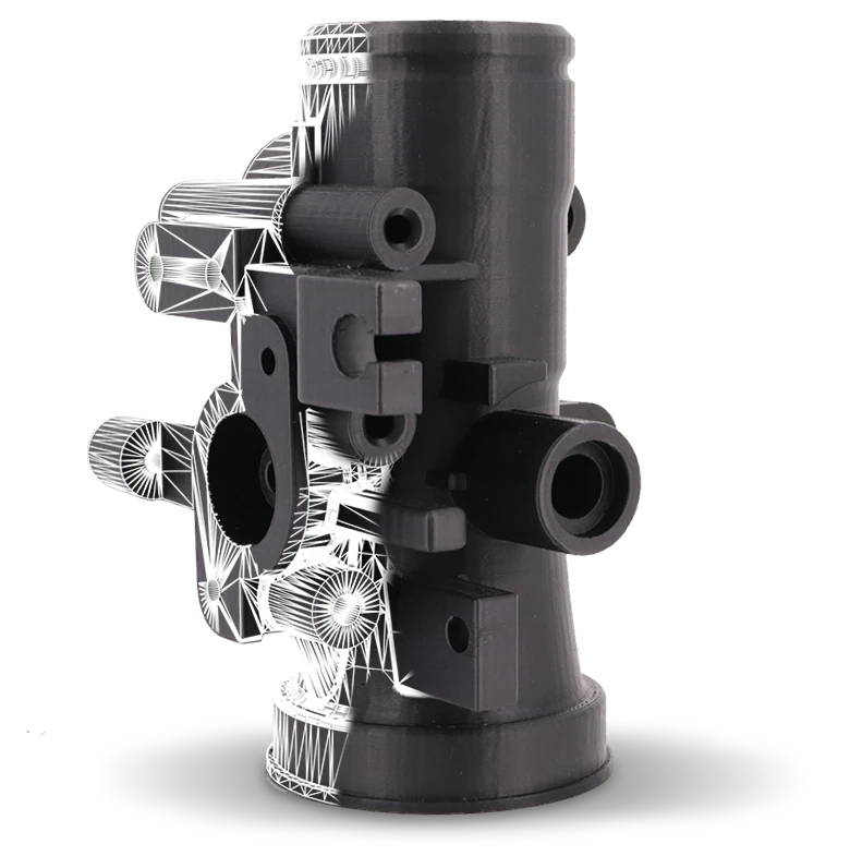 Functional part 3D-printed in 3DXTech CarbonX HTN+CF, shown with a CAD wireframe overlay
