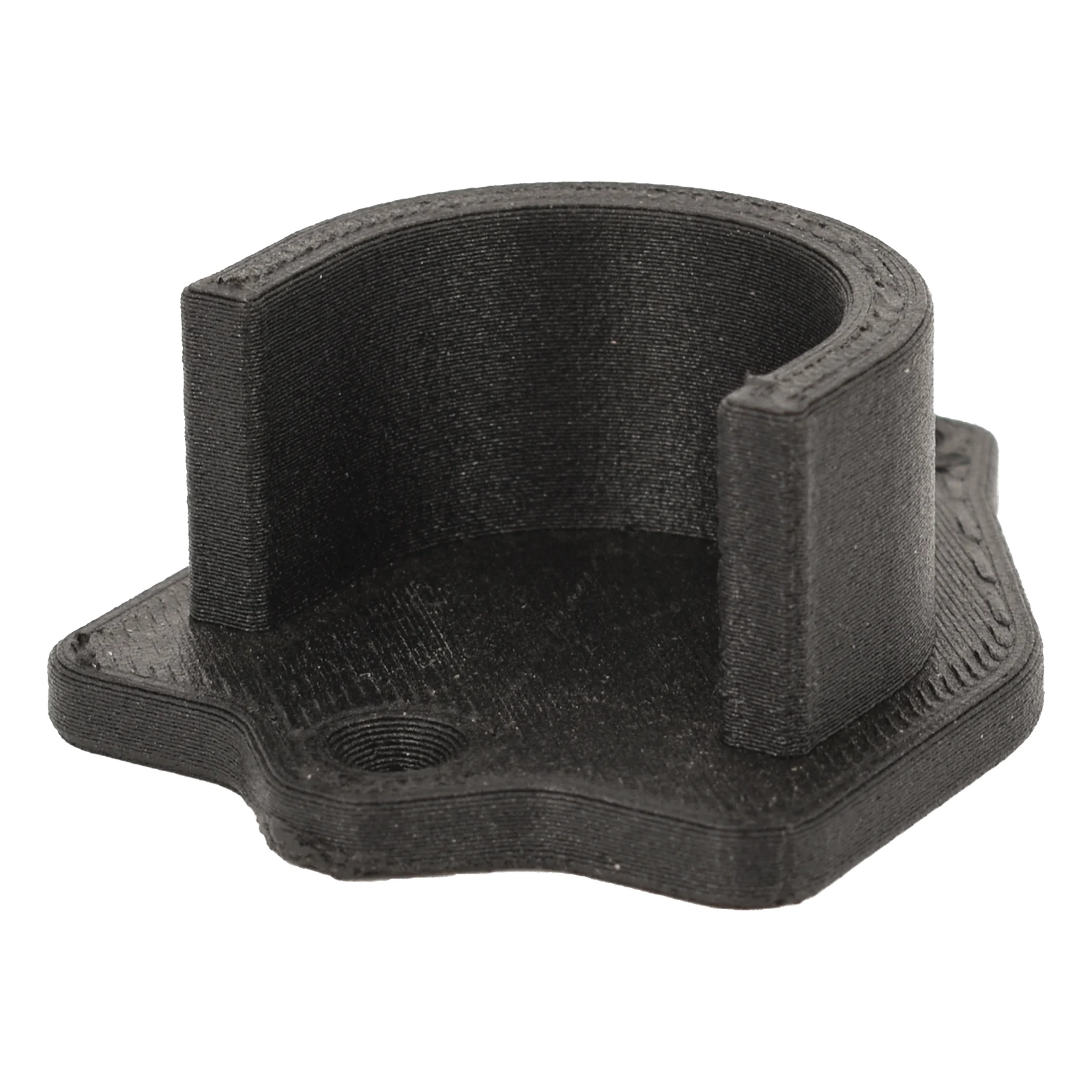 Functional bracket 3D-printed in 3DXTech CarbonX PEEK+CF10 showing a matte carbon-fiber finish and clean layers