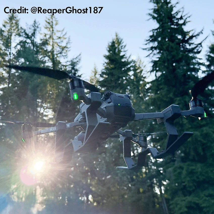 FPV drone in flight with landing skids 3D-printed in 3DXTech CarbonX PETG+CF carbon-fiber filament