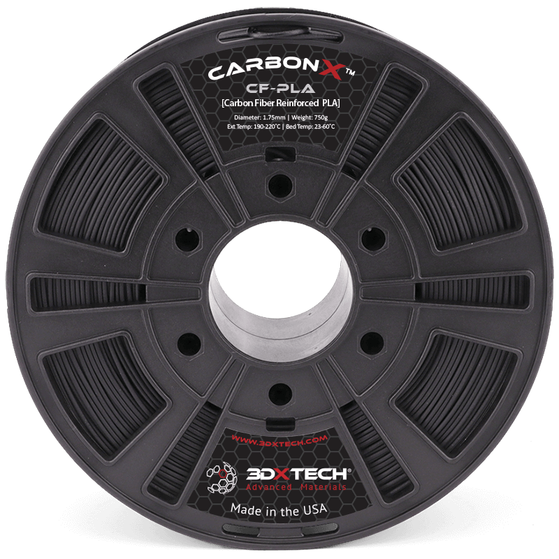 3DXTech CarbonX PLA+CF filament spool close-up detail showing recycled carbon fiber reinforced bio-PLA surface texture