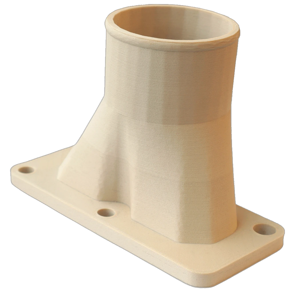 A flanged duct 3D-printed in 3DXTech FibreX PEEK+GF20, showing clean layers in natural PEEK