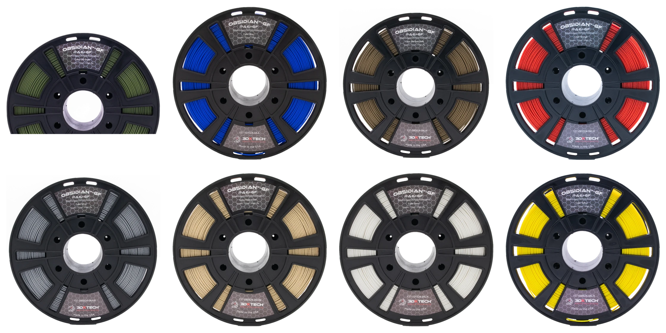 3DXTech OBSIDIAN Nylon 6+GF glass-fiber filament spools in all eight production colors