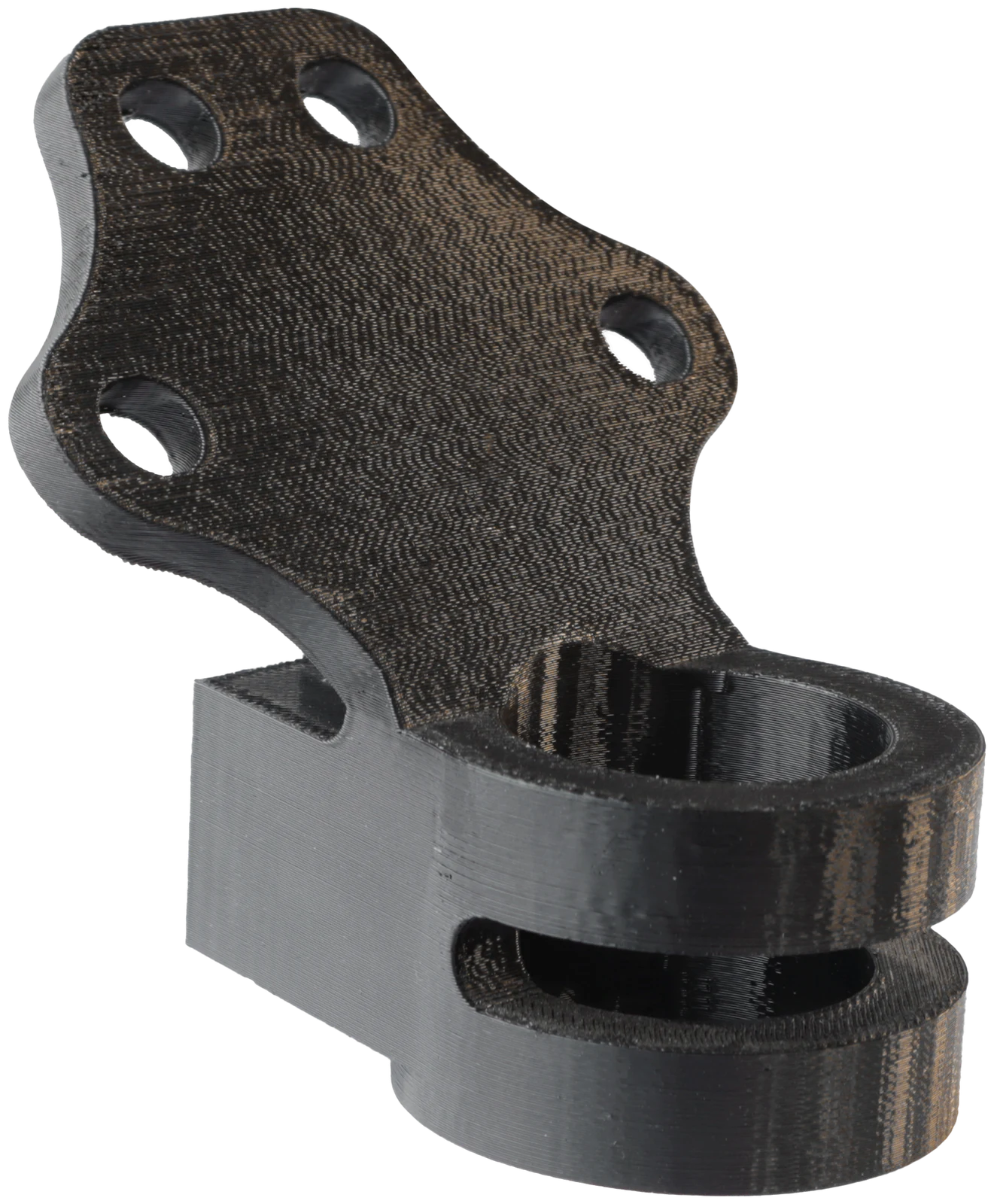 Functional wear part 3D-printed in 3DXTech WearX nylon — a bracket with an integrated bushing bore