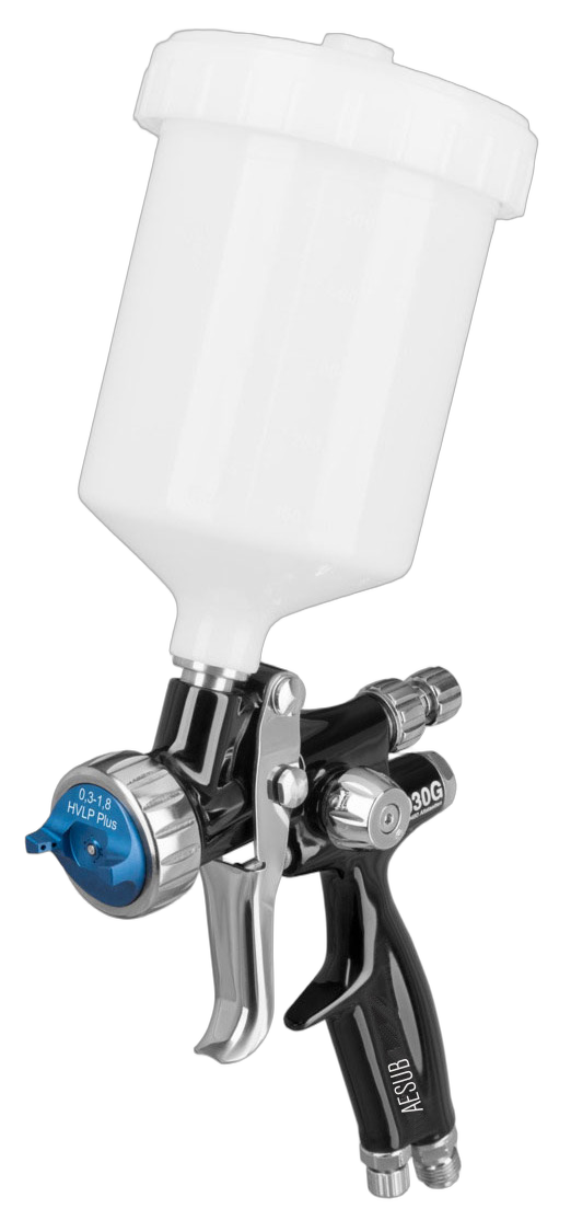AESUB Green Spray Gun anatomy diagram showing gravity cup, air control, nozzle, and adapter