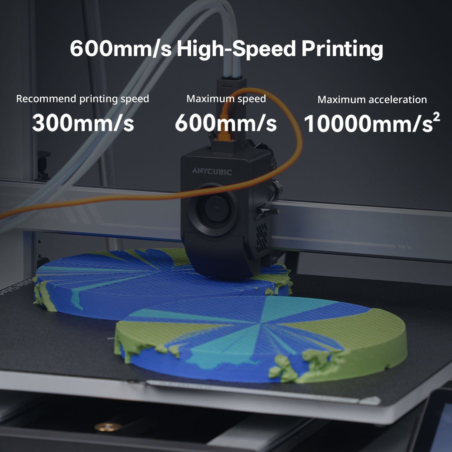 Anycubic Kobra 3 Max hotend high-speed printing with 600mm/s and 10000mm/s2 callouts