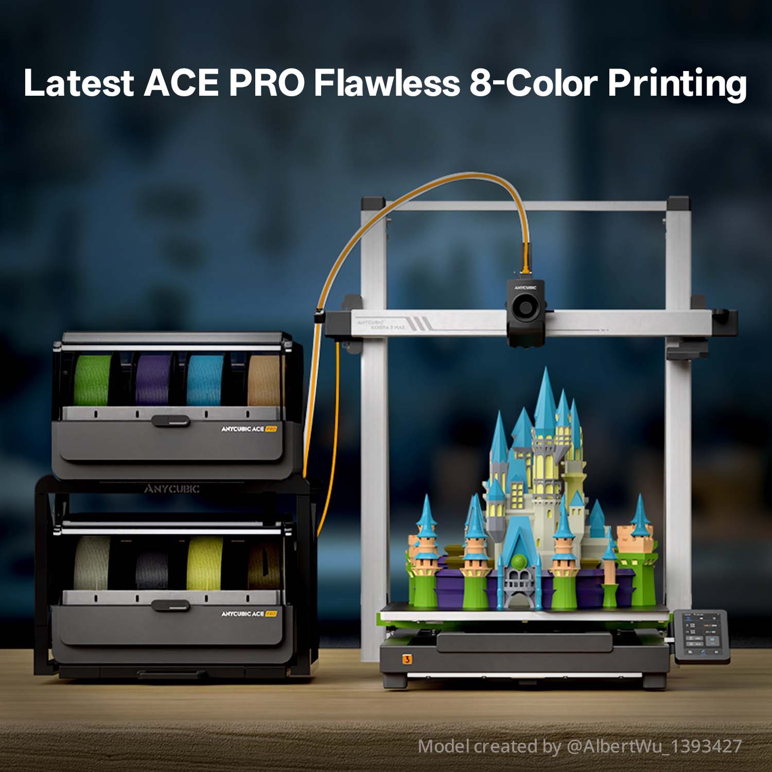 Two stacked Anycubic ACE Pro units feeding a multicolor castle print on the Kobra 3 Max