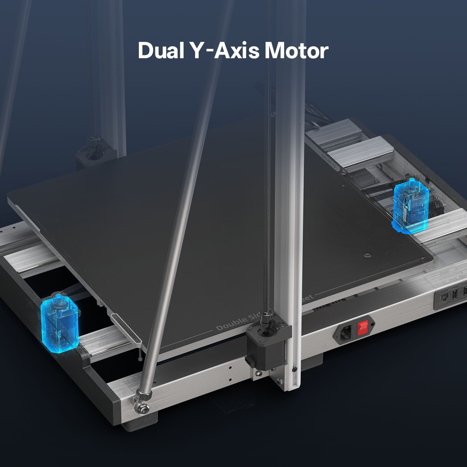 Anycubic Kobra 3 Max underside showing dual Y-axis lead screws and twin Y motors