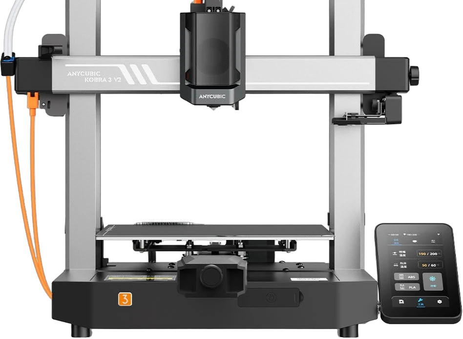 Kobra 3 V2 lower gantry, PEI bed, base, and touchscreen detail