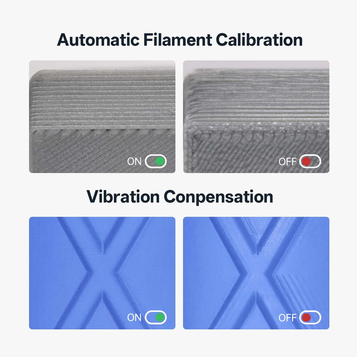 Comparison of print surfaces with filament calibration and vibration compensation on versus off