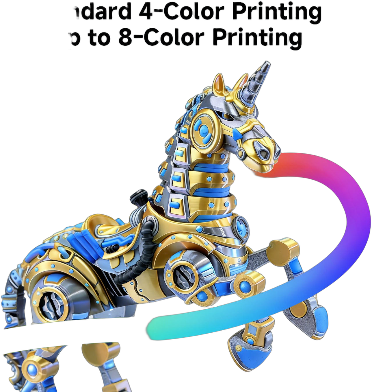 Multicolor robot-unicorn model printed in gold, blue and silver on the Anycubic Kobra 4