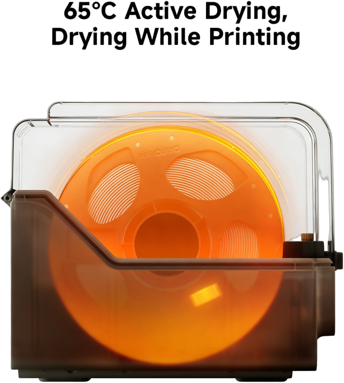 Anycubic ACE 2 Pro enclosed filament box drying a spool with internal heating, orange glow