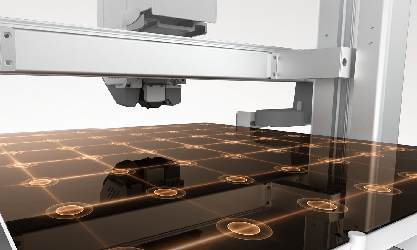Anycubic Kobra 4 LeviQ 3.0 49-point auto-leveling probe mapping a glowing dotted grid on the bed