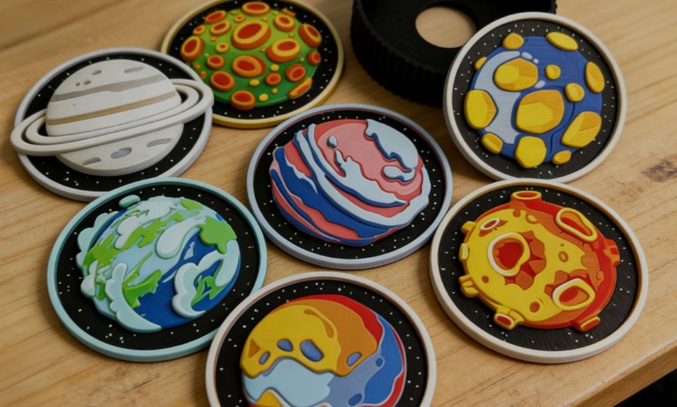 Seven multicolor printed planet and space coasters made on the Anycubic Kobra 4 on a workbench