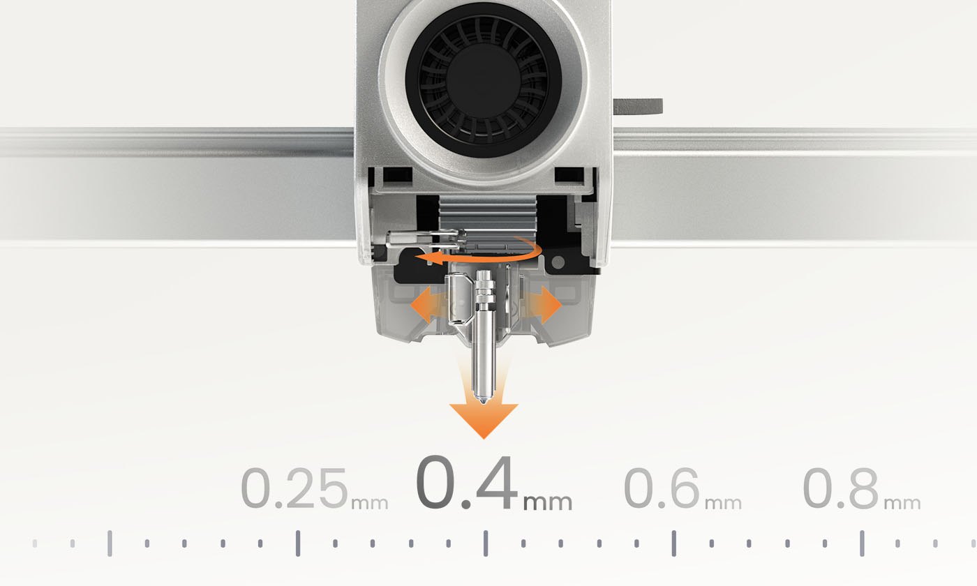 Anycubic Kobra 4 quick-release hotend with a 0.25, 0.4, 0.6 and 0.8 mm nozzle size scale