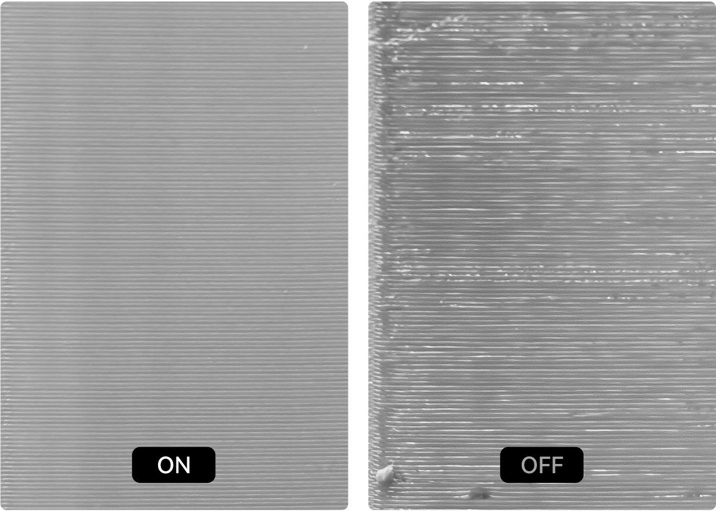 Anycubic Kobra 4 vibration compensation ON versus OFF print-surface comparison showing ghosting removed