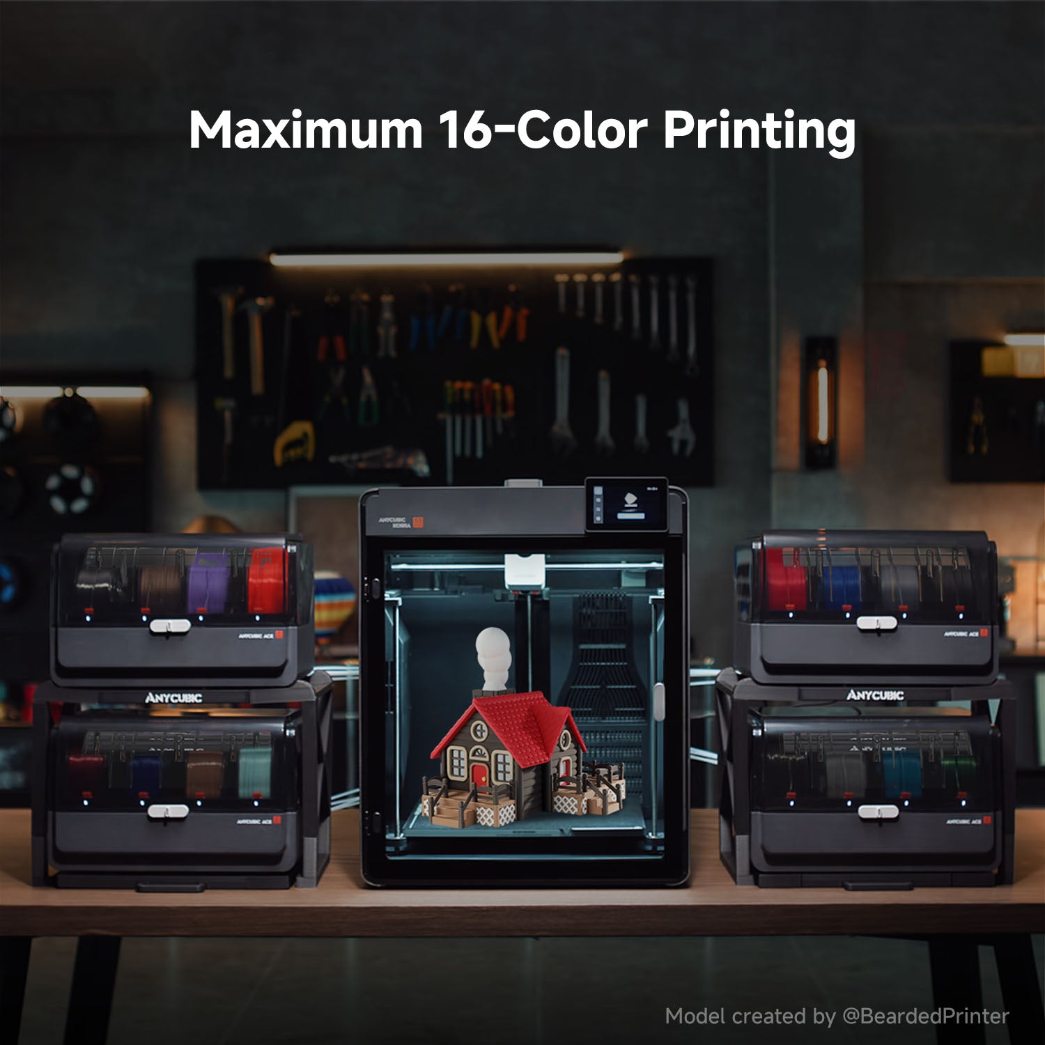 Anycubic Kobra S1 Max Combo flanked by four ACE 2 Pro units printing a 16-color multicolor house model