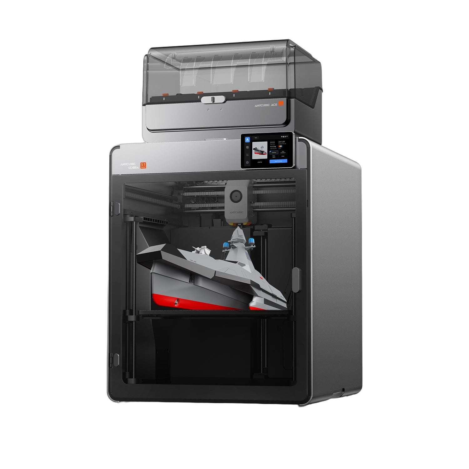 Anycubic Kobra S1 Max Combo three-quarter view with the overhead AI camera and 4.3-inch touchscreen showing a print in progress