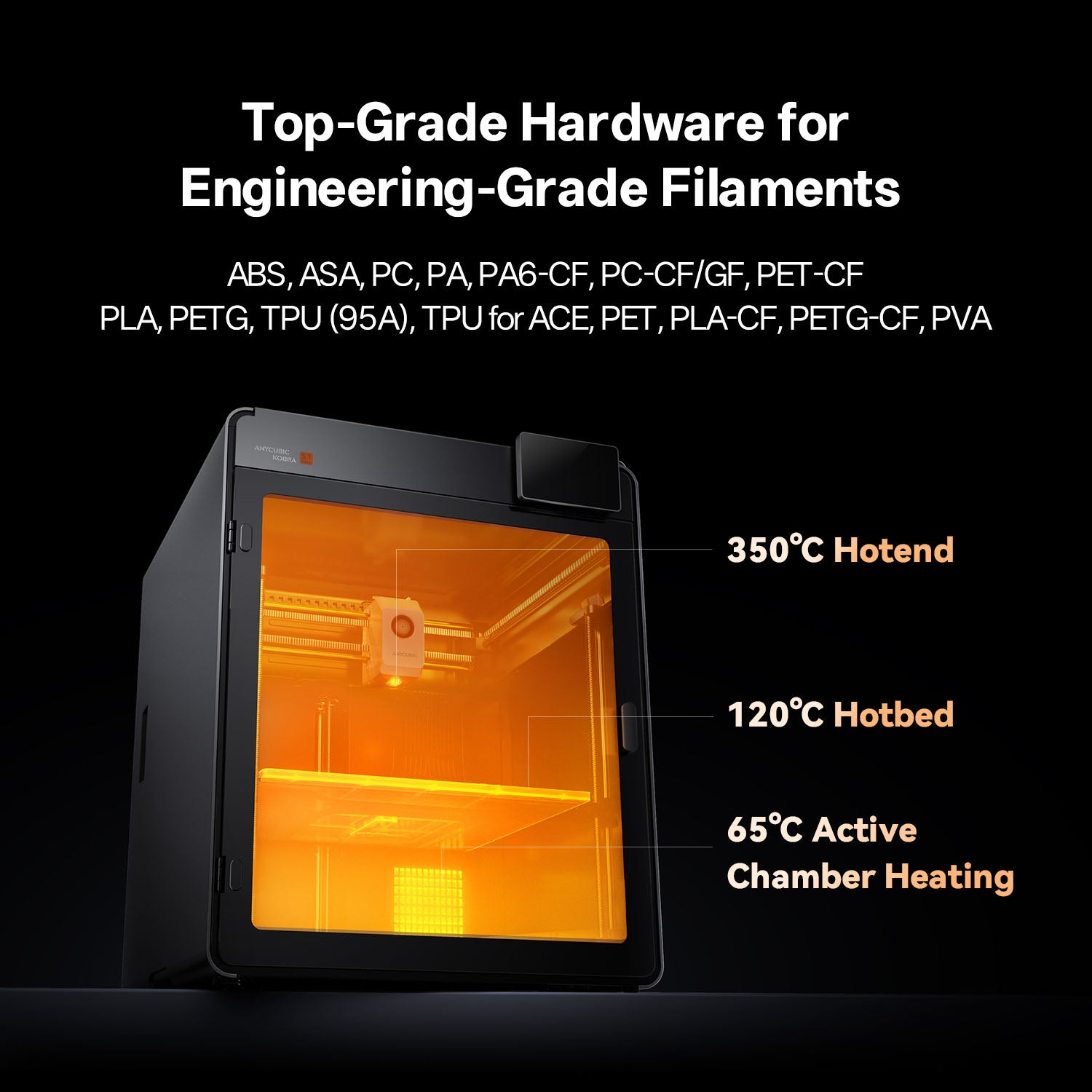 Anycubic Kobra S1 Max Combo 350C hotend, 120C hotbed and 65C active chamber heating with full engineering material list