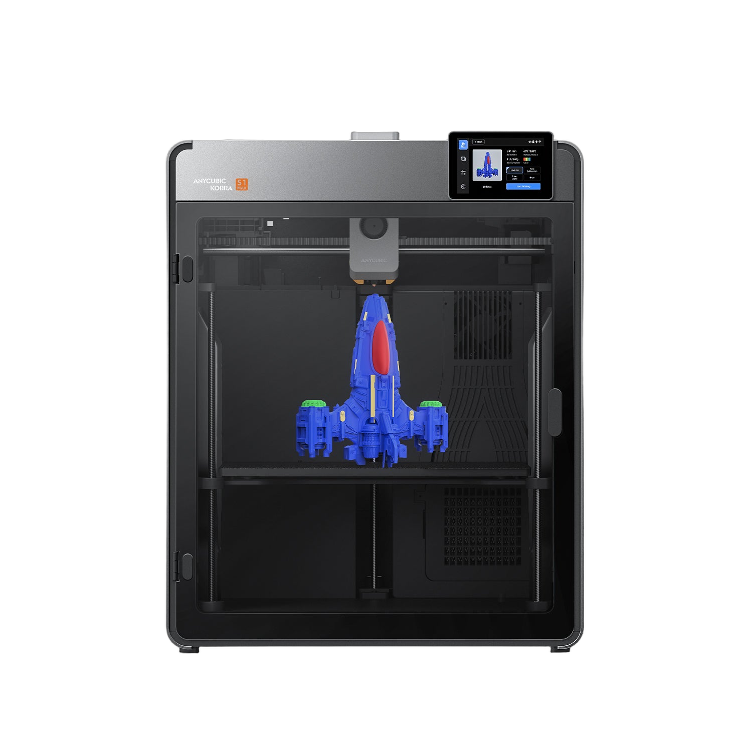Anycubic Kobra S1 Max Combo front view showing the enclosed CoreXY frame printing a tall model