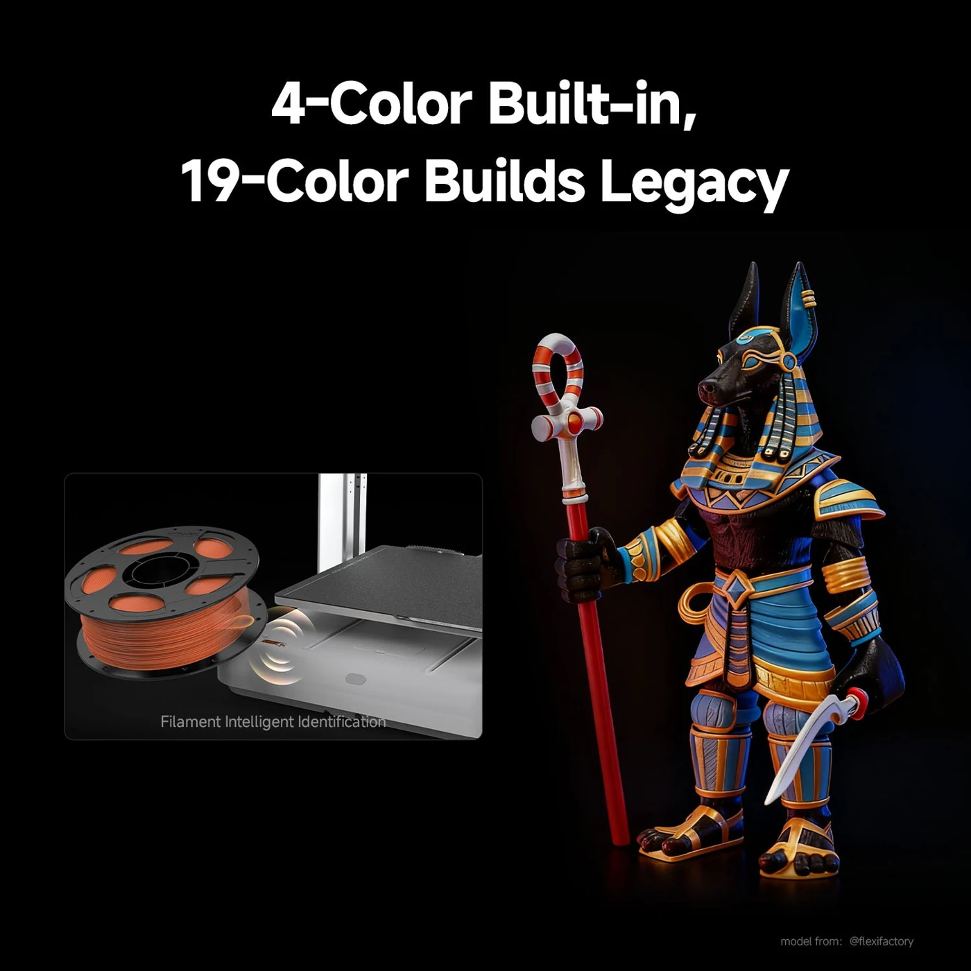 Multicolor Anubis warrior model printed on the Anycubic Kobra X Combo, with a filament intelligent identification inset