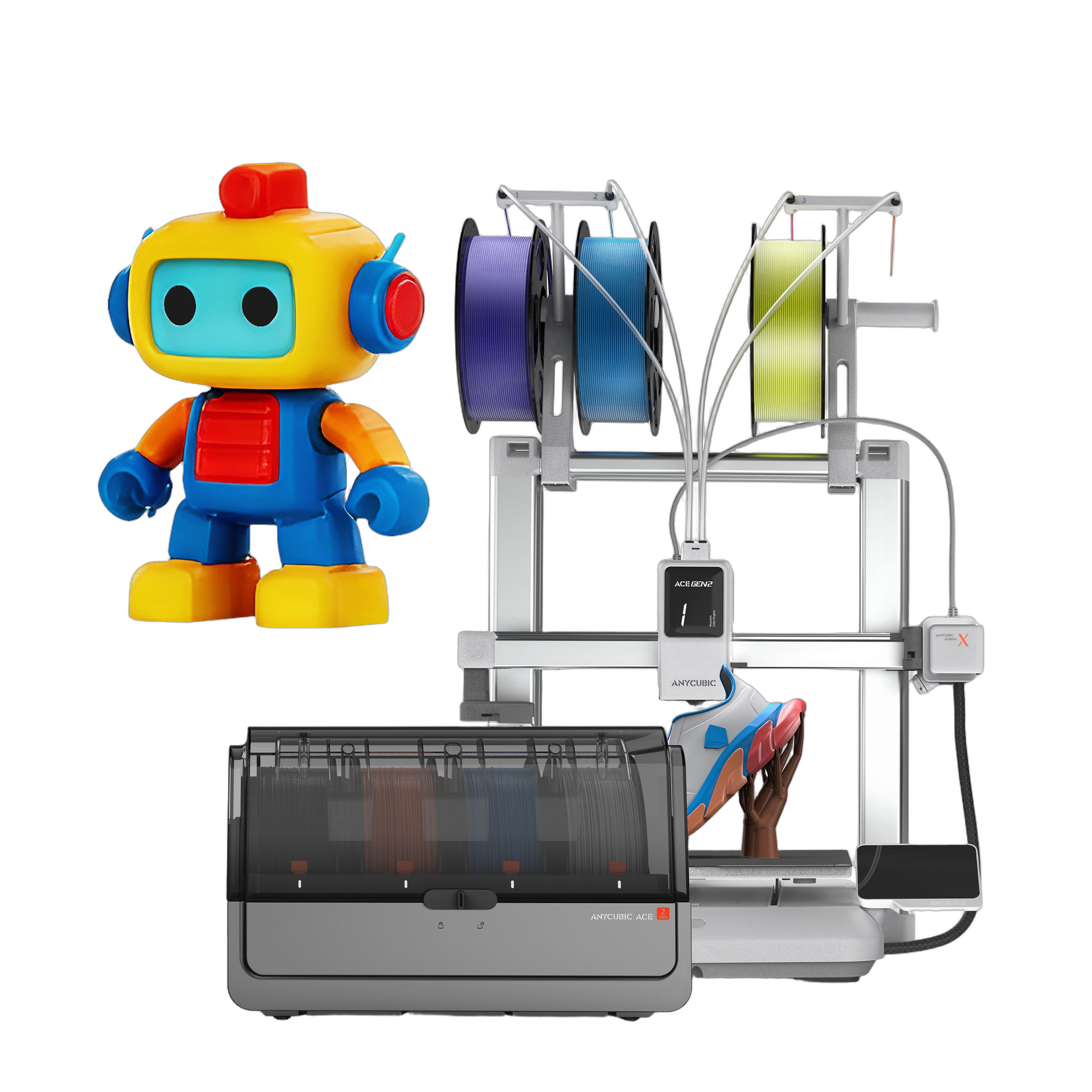 Anycubic Kobra X Combo with the standalone ACE 2 Pro drying and multicolor feeding unit and a printed multicolor robot model