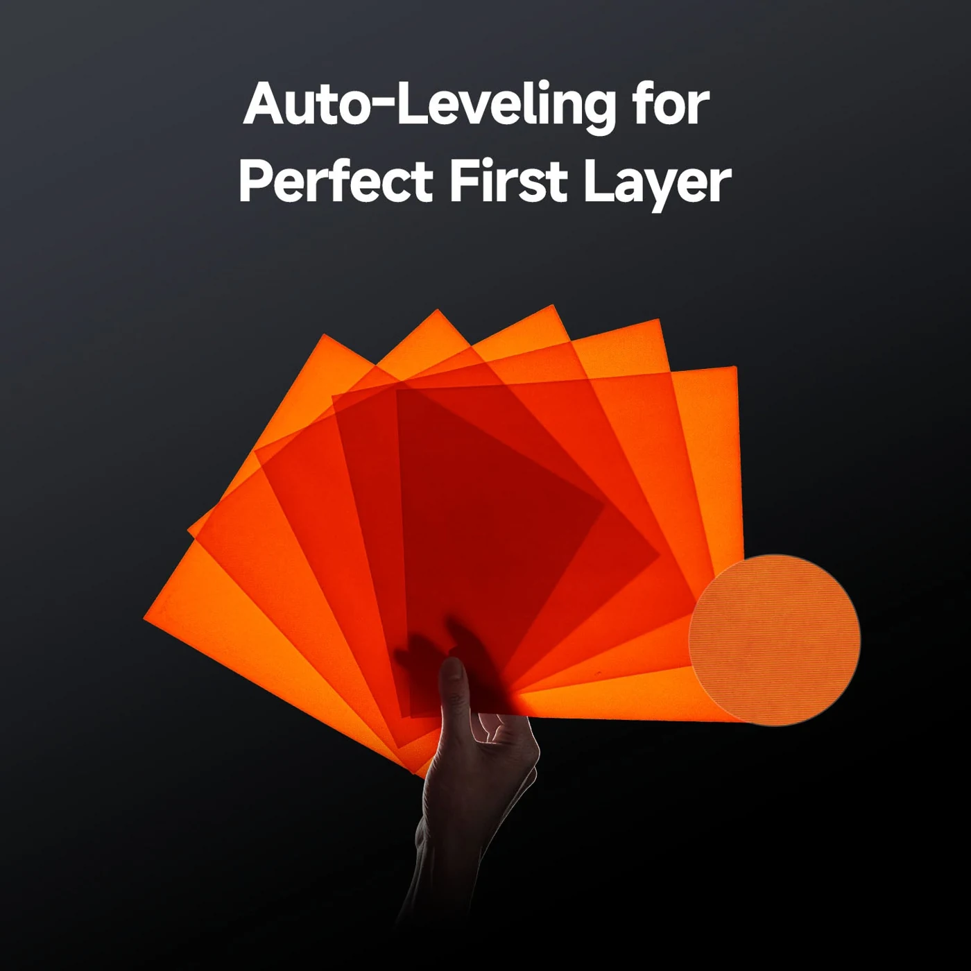 Translucent orange PEI build sheets fanned out, illustrating the Anycubic Kobra X Combo even-heat hotbed and auto-leveling
