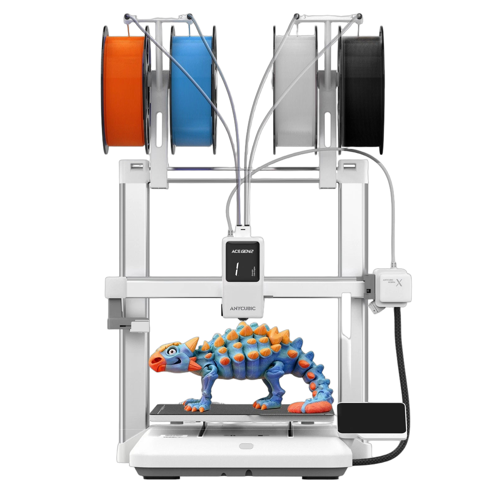 Anycubic Kobra X Combo printing a multicolor blue-and-orange ankylosaurus model from four mounted spools