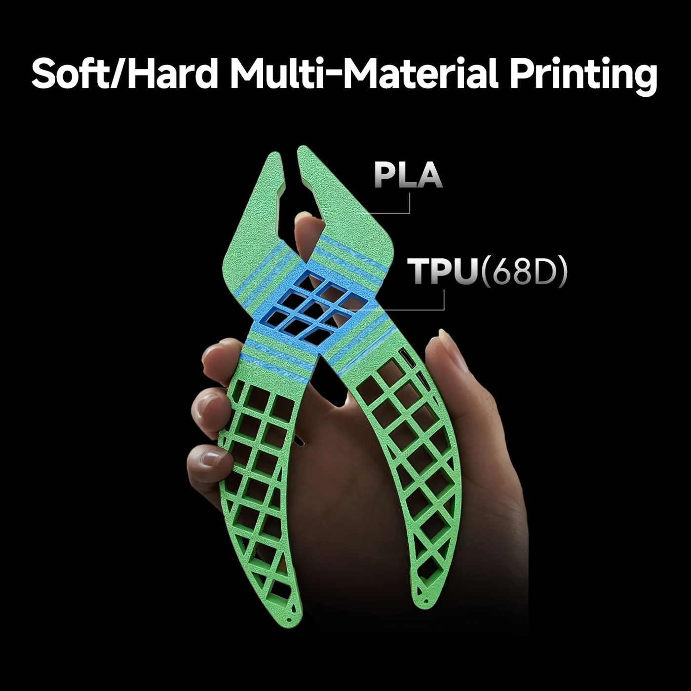 Flexible gripper printed on the Anycubic Kobra X Combo combining rigid green PLA arms with a flexible blue TPU 68D hinge