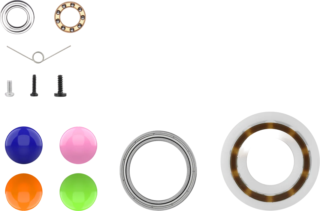 Kit A mechanical hardware: ball and thrust bearings, magnets, dowel pins, springs, screws and plastic balls