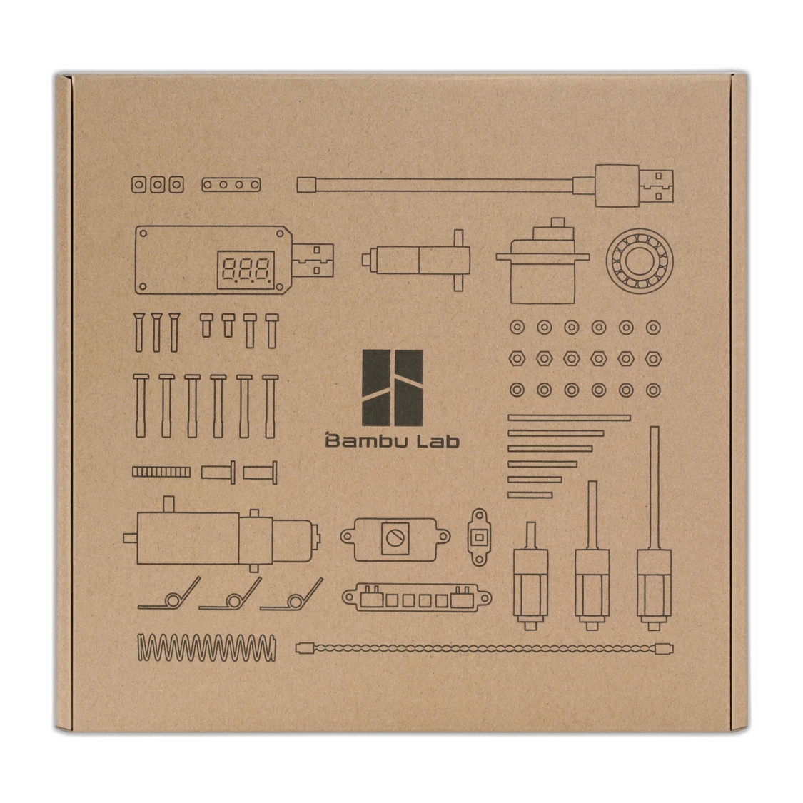 Bambu Lab Maker's Essential Kit A retail box with all 50 components illustrated on the lid