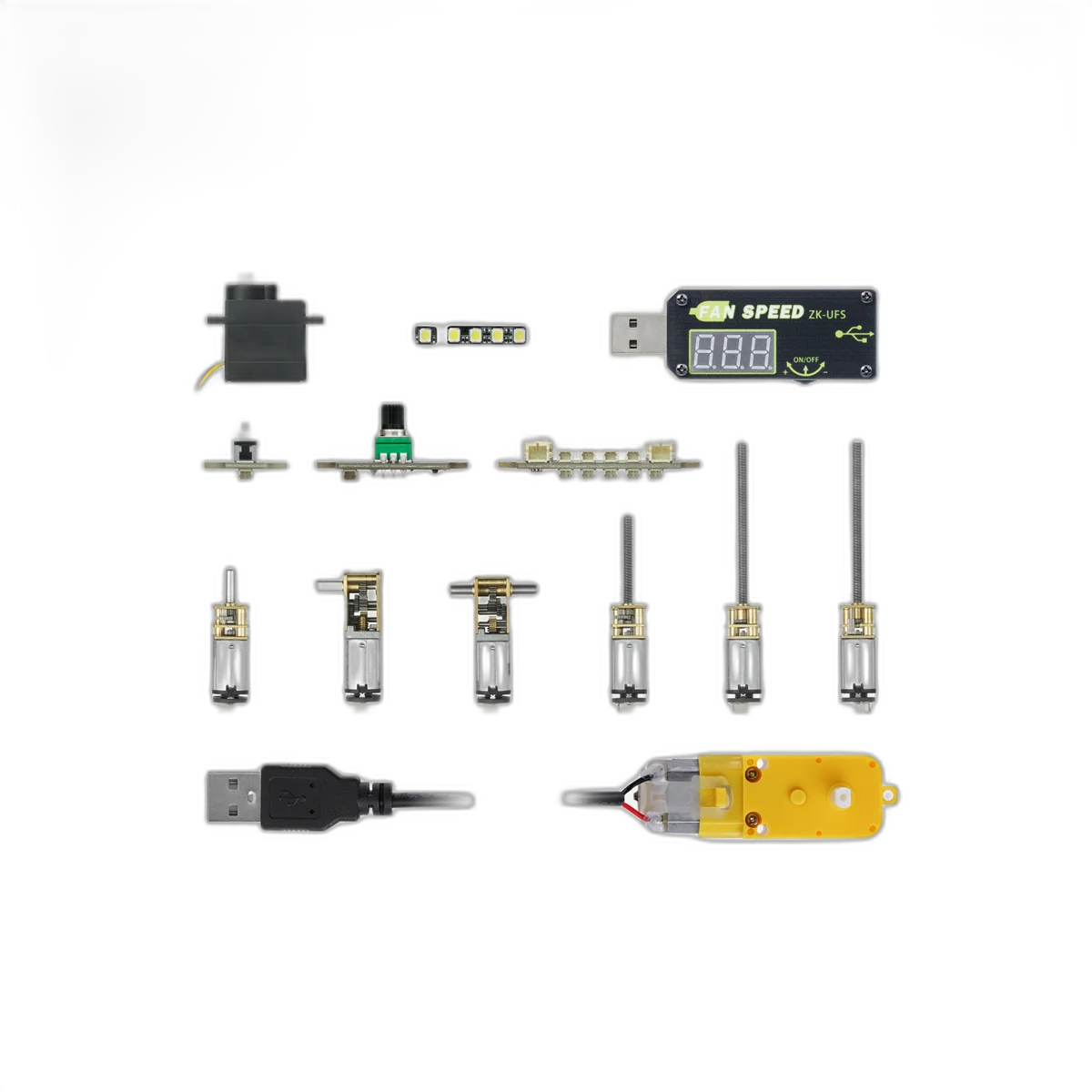 Kit A drive components: 9g servo, six N20 gearmotors, yellow TT motor, USB speed controller and driver boards