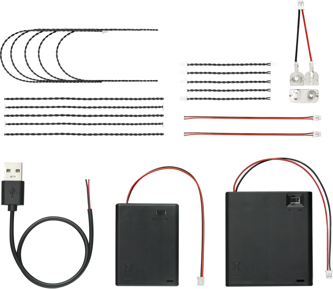 Kit A power and wiring: AA and AAA battery cases, USB-A cable, pre-terminated wire pairs and LED boards