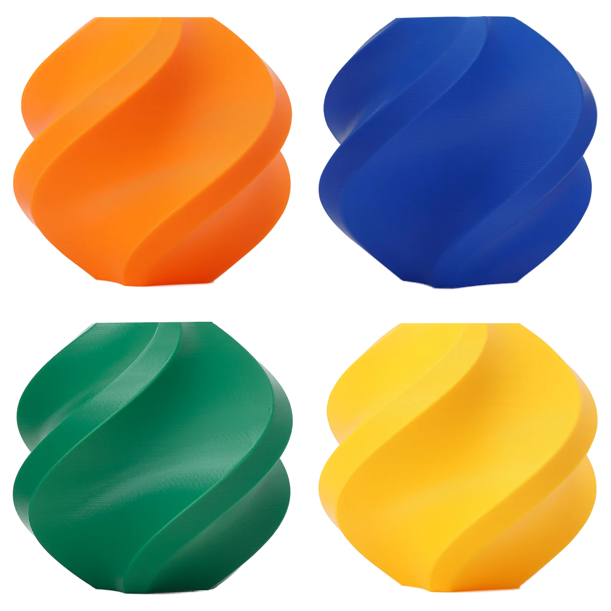 Bambu Lab PLA Basic 3D printing filament printed in orange, blue, green and yellow