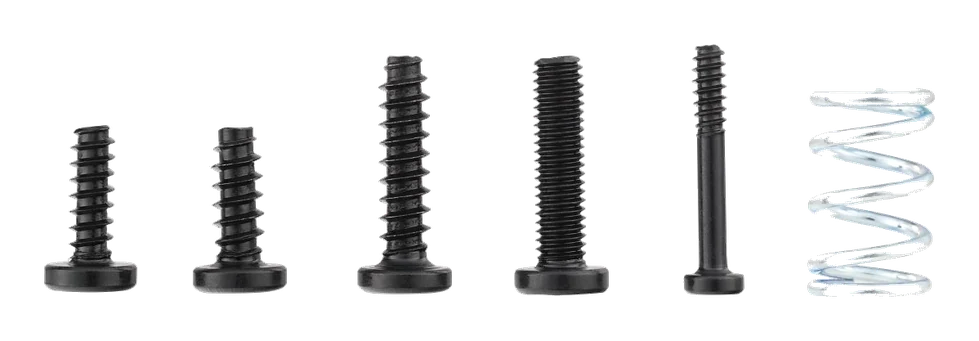 Bambu Lab A1 Series and AMS lite Screws Kit — the black self-tapping screws and spring in the assortment