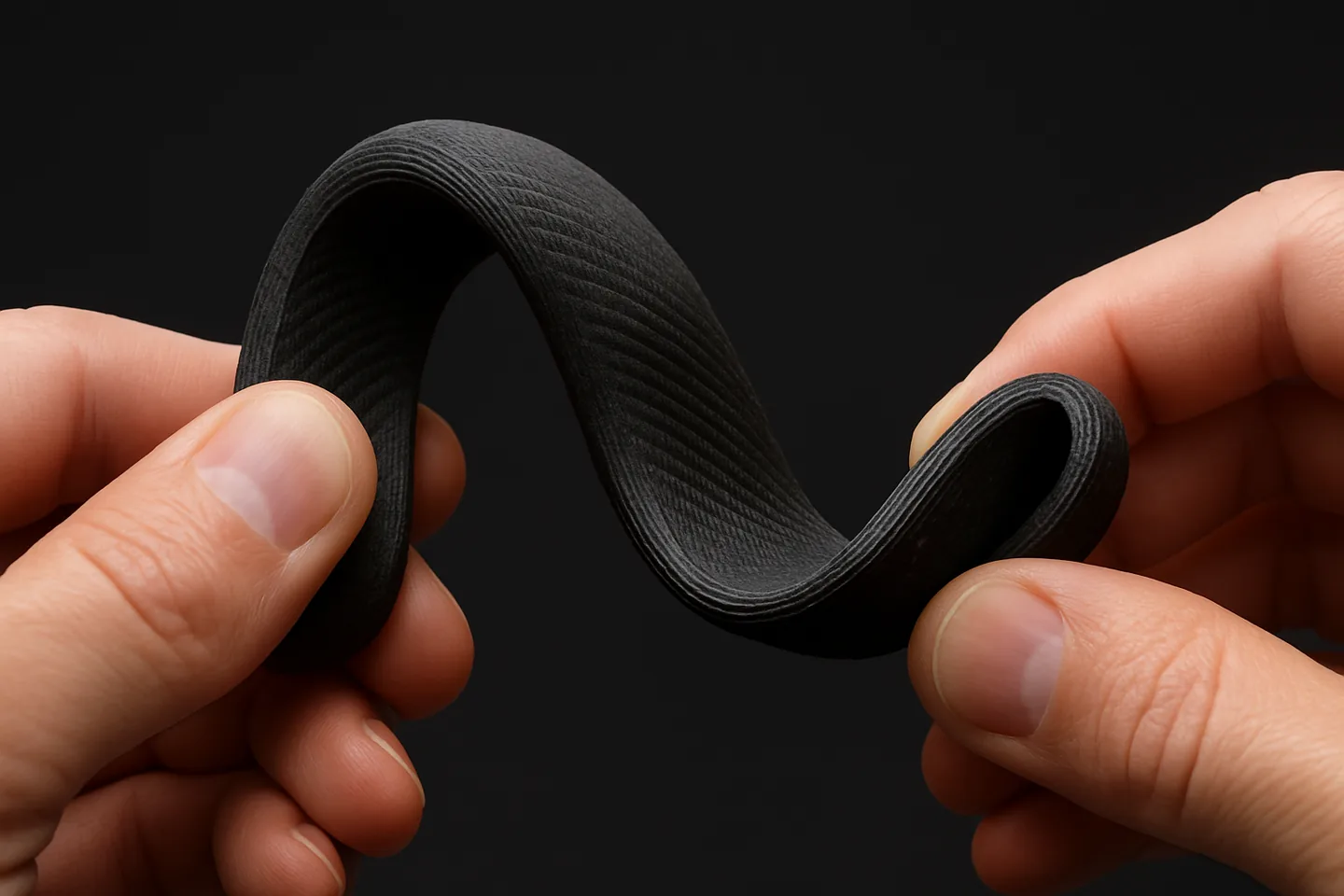 Bambu Lab TPU for AMS flexible printed part being bent by hand — high elasticity